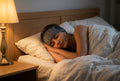 Woman sleeping peacefully on her side wearing Hushvale Bluetooth sleep headphones headband