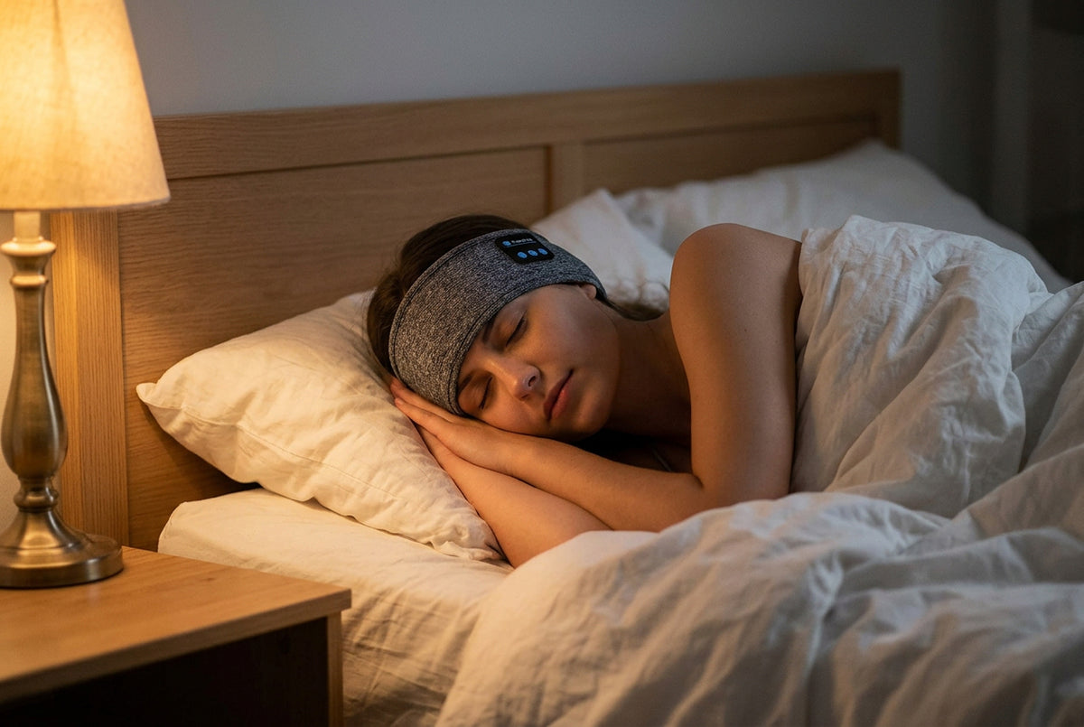 Woman sleeping peacefully on her side wearing Hushvale Bluetooth sleep headphones headband