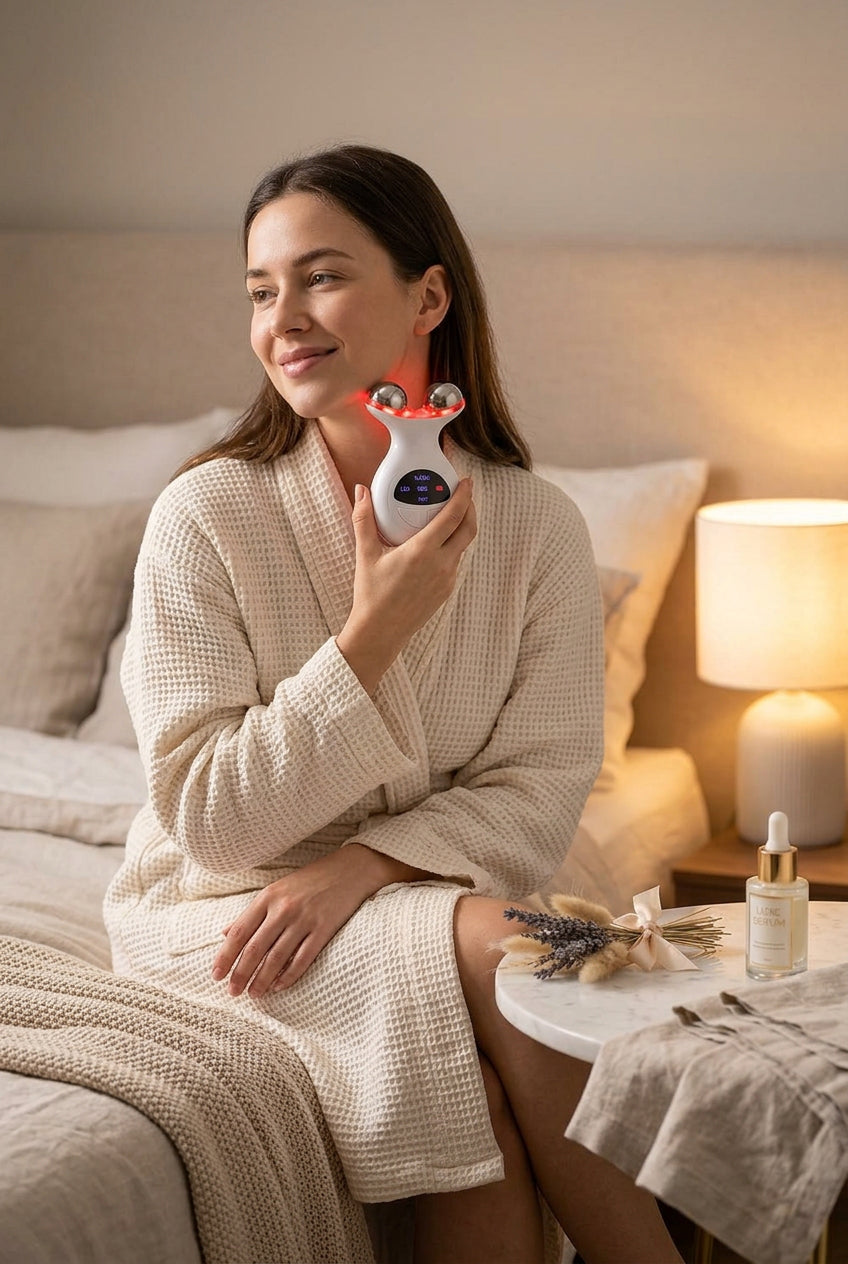 Woman relaxing in a robe using the Hushvale red light face and neck massager along her jawline