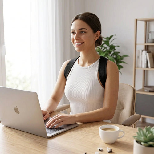 Smiling woman working at her desk wearing the Hushvale adjustable posture corrector