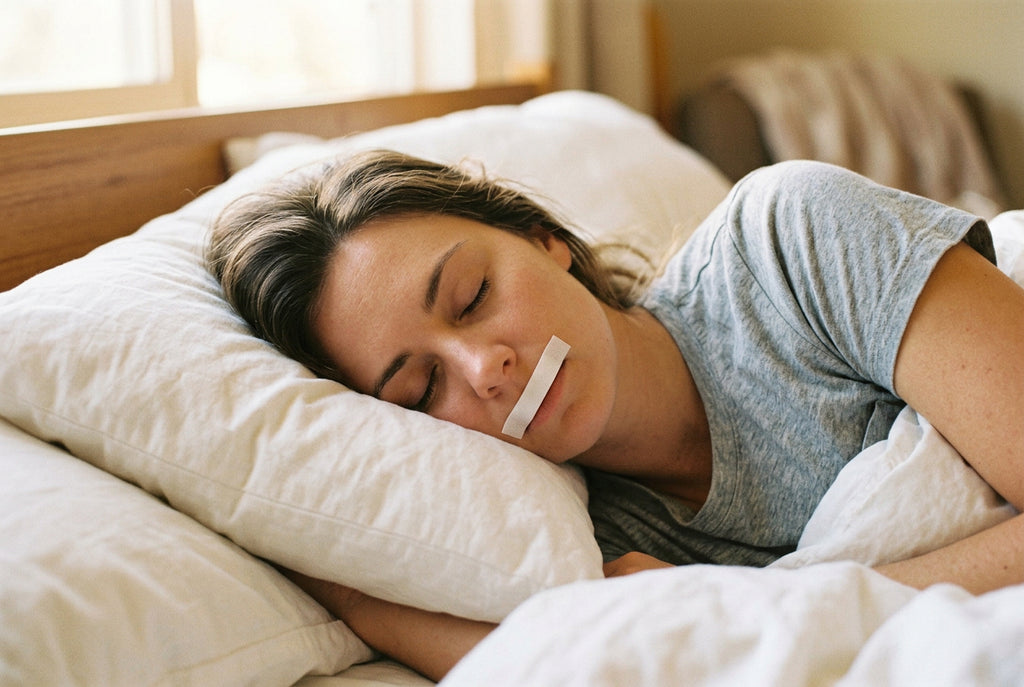 Woman sleeping peacefully wearing a Hushvale mouth tape strip in a sunlit bedroom