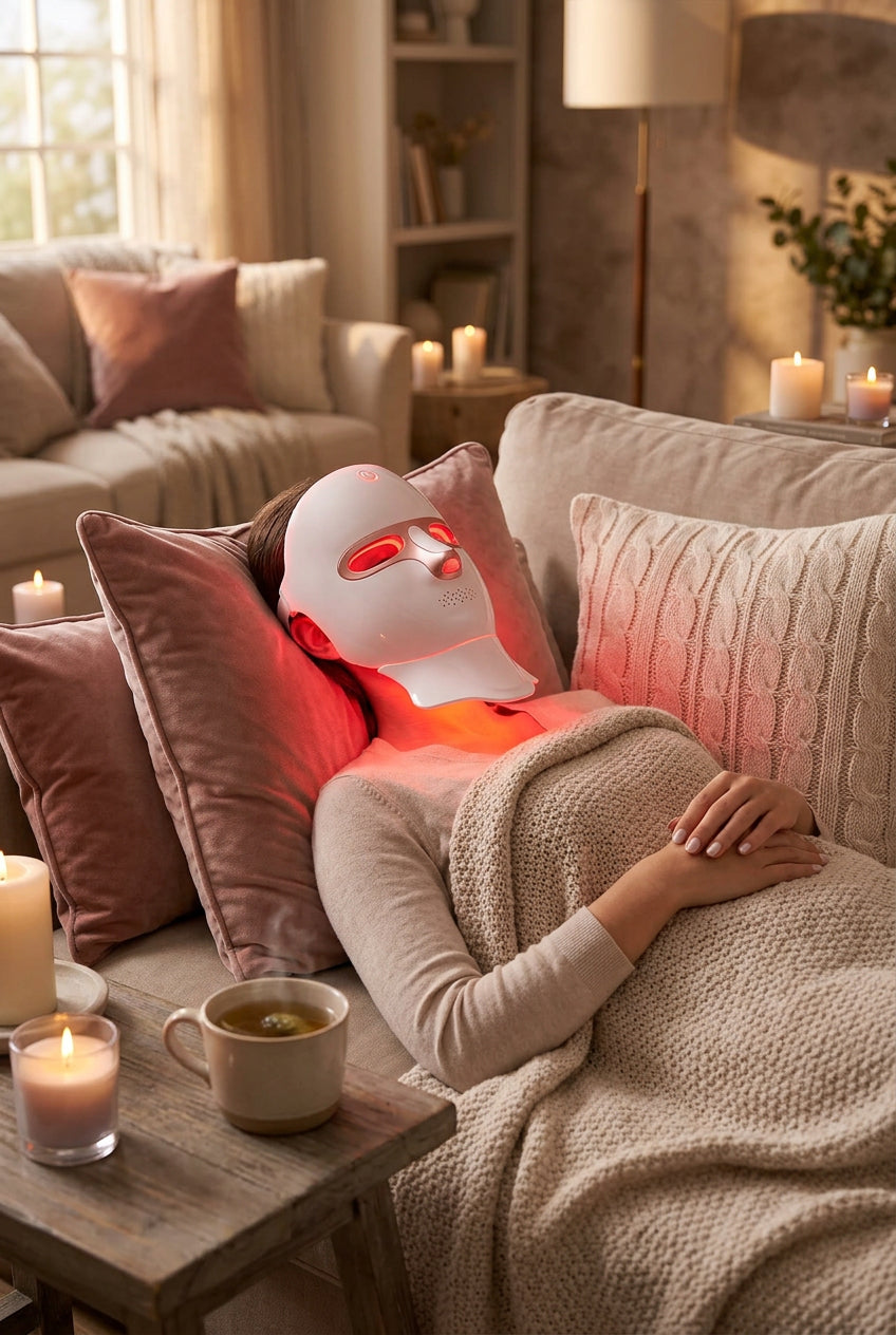 Woman relaxing on a sofa wearing the Hushvale LED light therapy mask with a cup of tea