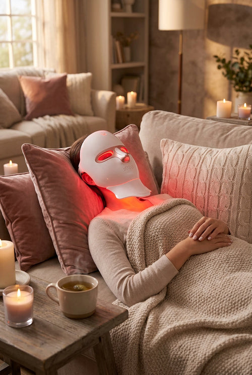 Woman relaxing on a sofa wearing the Hushvale LED light therapy mask with a cup of tea